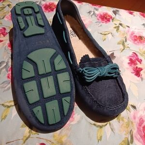 UGG Navy Suede Moccasins with Teal Accent Laces and Sole Pads